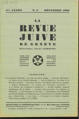 La Revue Juive de Genève. Vol. 2 n° 3 fasc. 13 (décembre 1933)